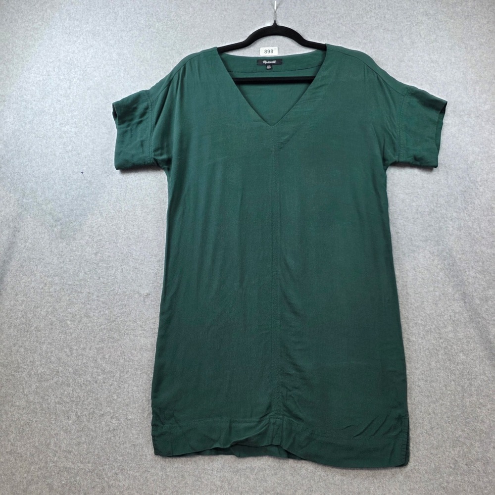 Madewell Womens XXS Forest Green V-Neck Short Sleeve Shift Dress Mini Crepe 898